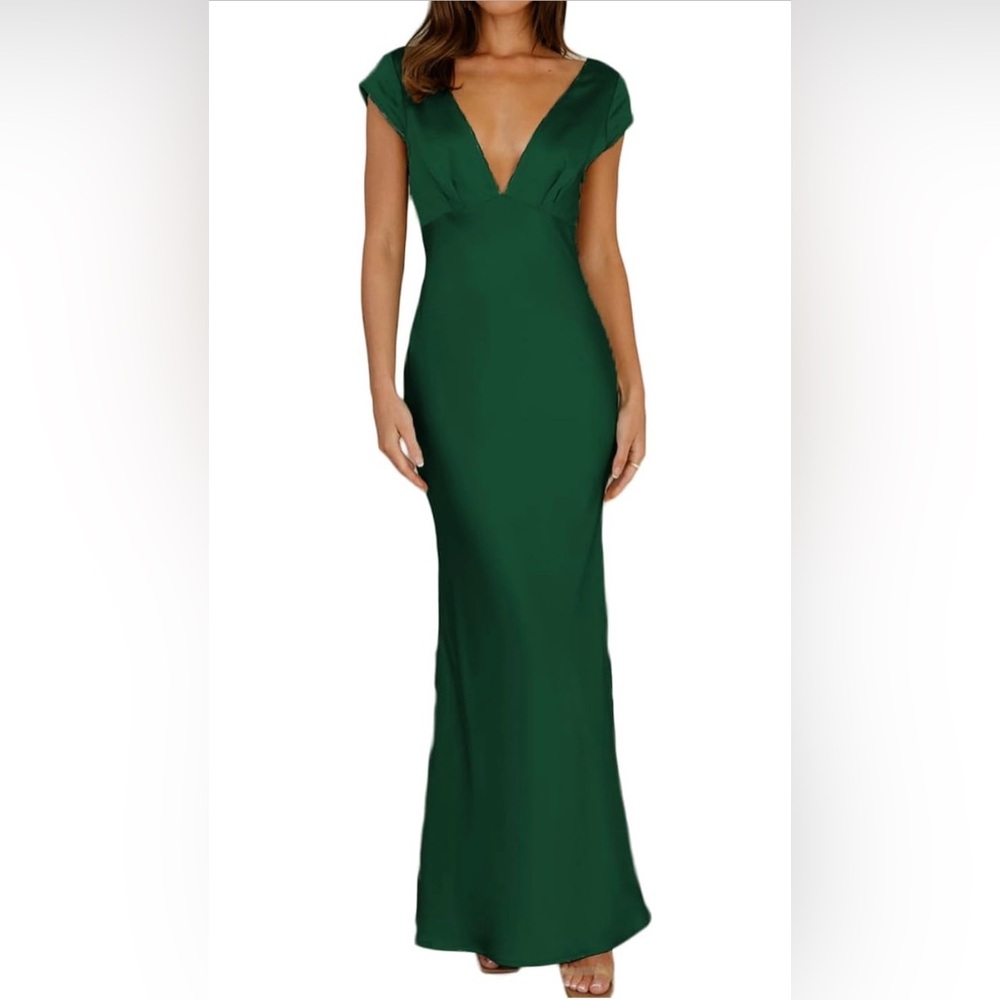 Satin V-Neck Green Evening Gown